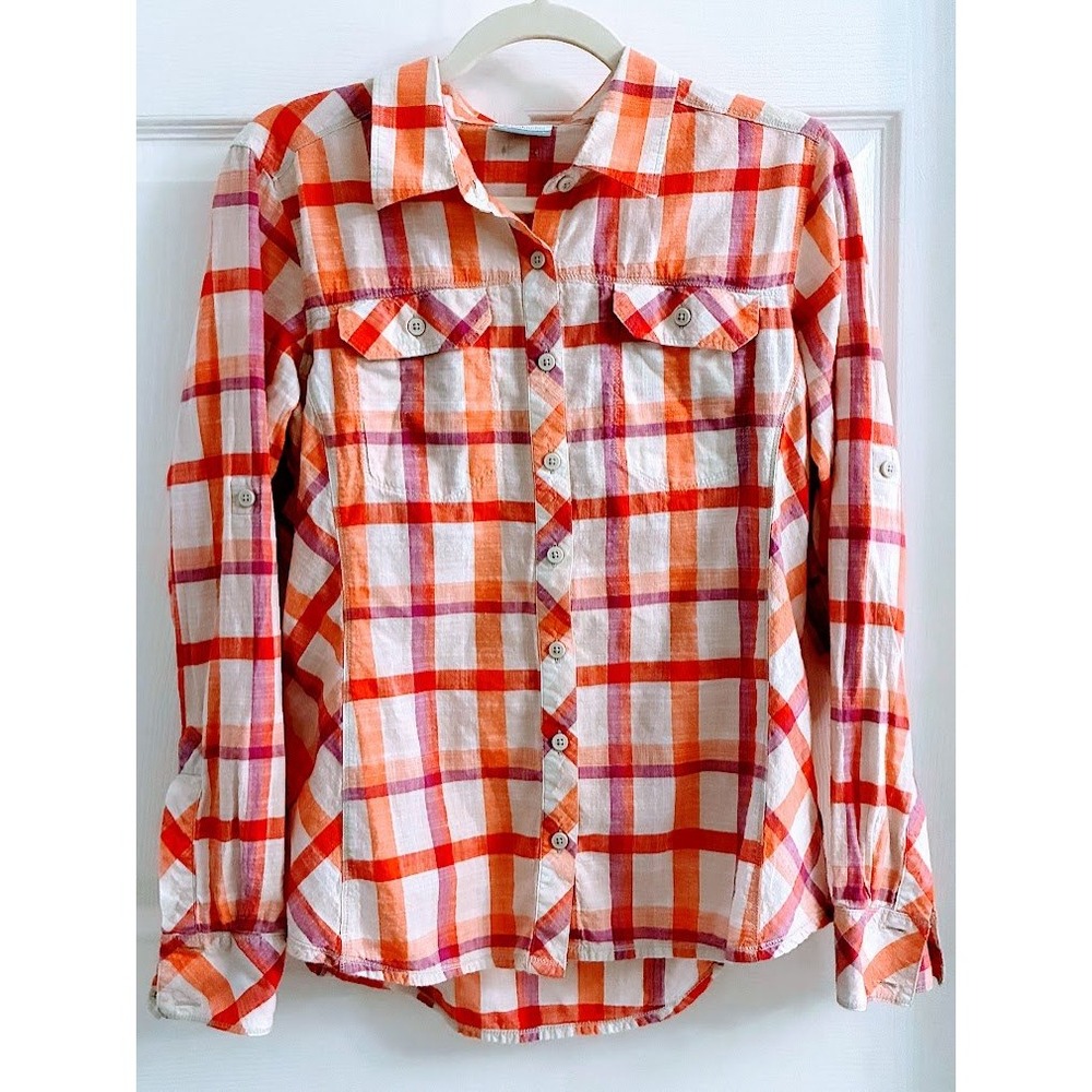 Columbia Shirt Womens Large Orange Plaid Long Sleeve Hiking Fishing Outdoor